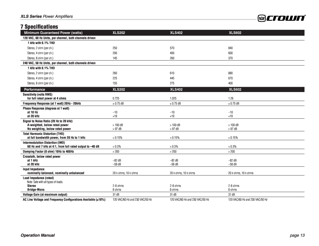 Crown Audio XL Series Speciﬁcations, Minimum Guaranteed Power watts, XLS202, XLS402, XLS602, kHz with 0.1% THD, 0.725 