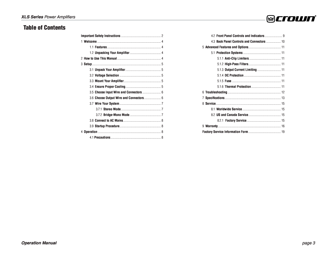 Crown Audio XL Series Table of Contents, page, 5.1.1, 5.1.2, 5.1.3, 5.1.4, 5.1.5, 5.1.6, 8.2.1, XLS Series Power Ampliﬁers 