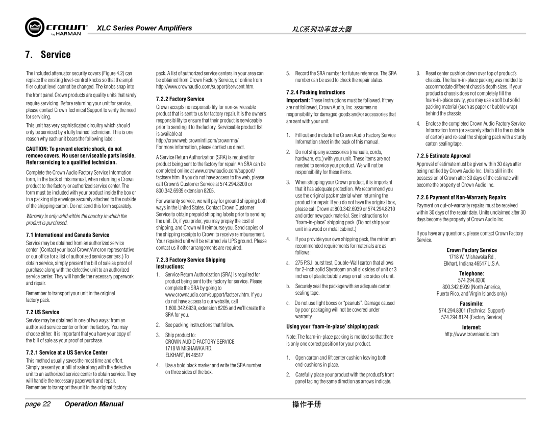 Crown Audio XLC2800, XLC2500 operation manual Service 