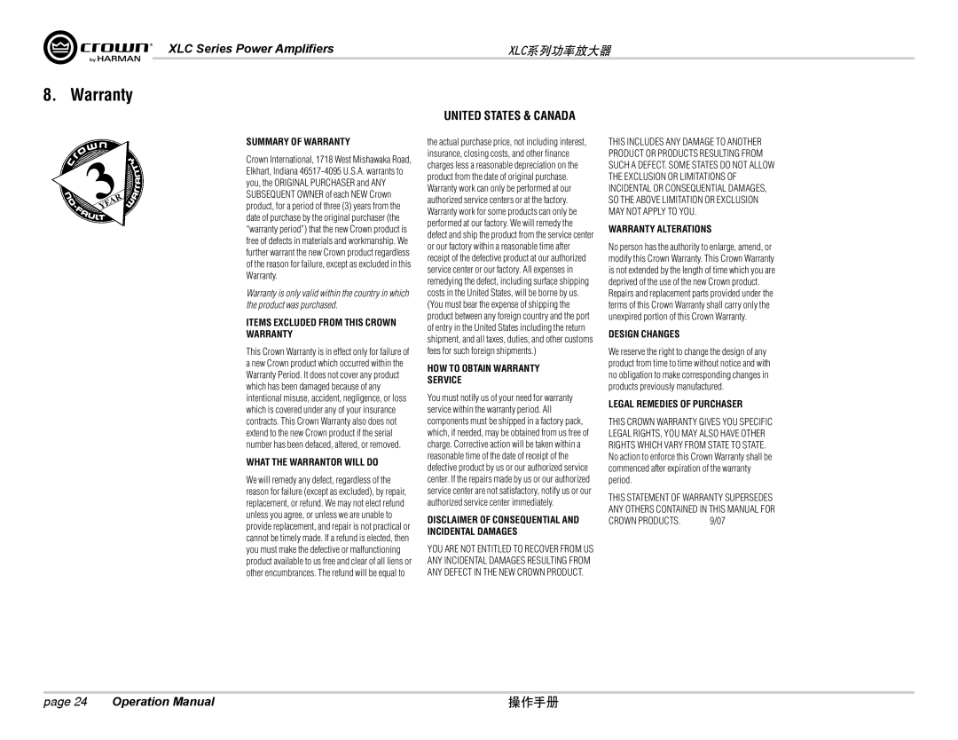 Crown Audio XLC2800, XLC2500 operation manual Summary of Warranty 