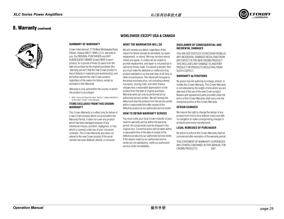 Crown Audio XLC2500, XLC2800 operation manual Worldwide Except USA & Canada, Warranty 