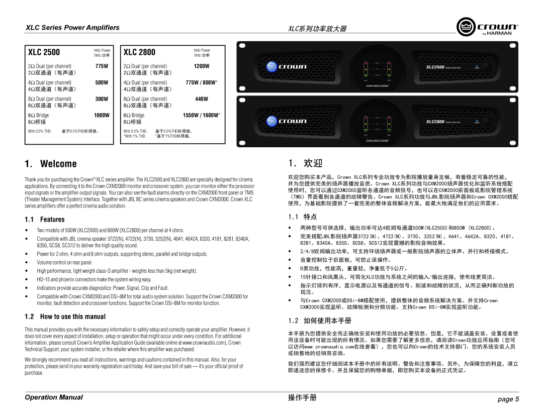 Crown Audio XLC2500, XLC2800 operation manual Welcome, Features, How to use this manual, 如何使用本手册 