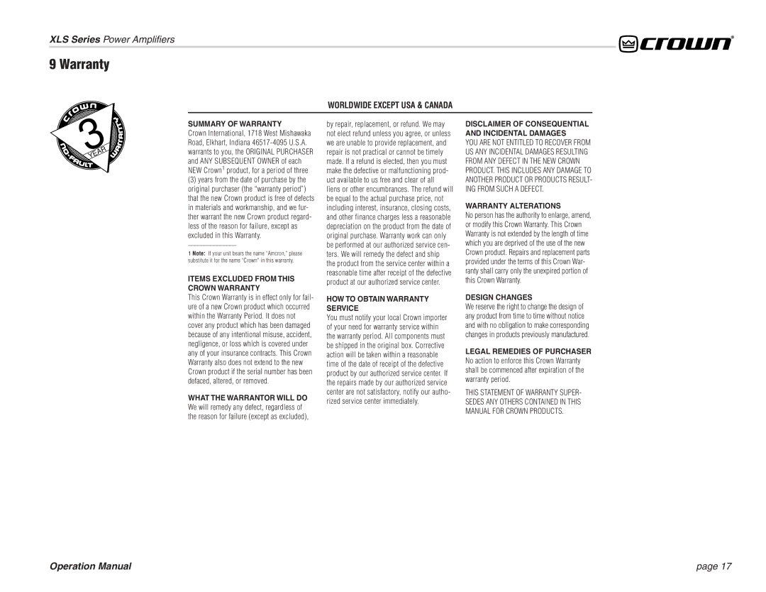 Crown Audio XLS 202 operation manual Worldwide Except USA & Canada 