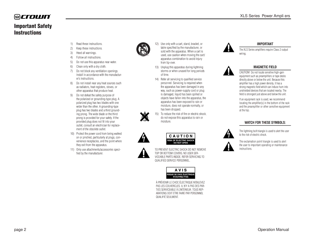 Crown Audio XLS 202 operation manual Important Safety Instructions, Do not defeat the safety purpose 