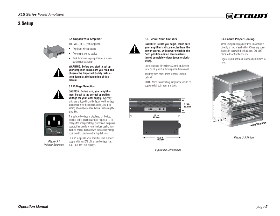 Crown Audio XLS 202 Setup, You may also stack amps without using a cabinet, Be sure to operate your ampliﬁ er from a power 