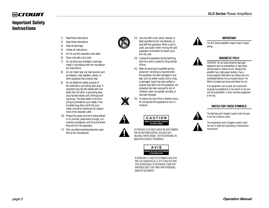 Crown Audio XLS 202 Important Safety Instructions, XLS Series Power Ampliﬁers, page, 5Do not use this apparatus near water 