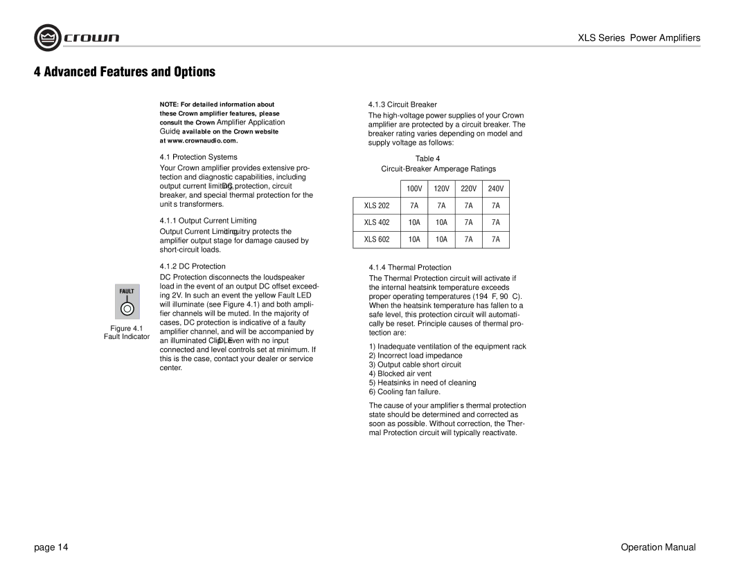 Crown Audio XLS Series Advanced Features and Options, Protection Systems, Output Current Limiting, DC Protection 