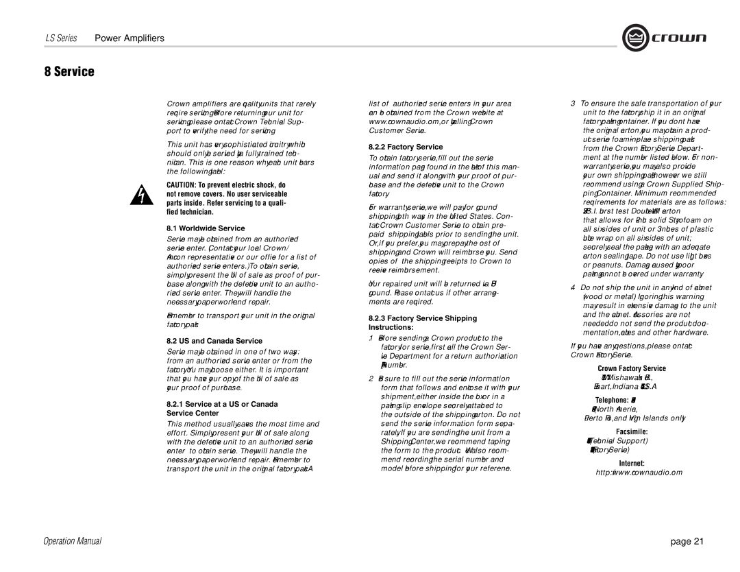 Crown Audio XLS Series operation manual Service 