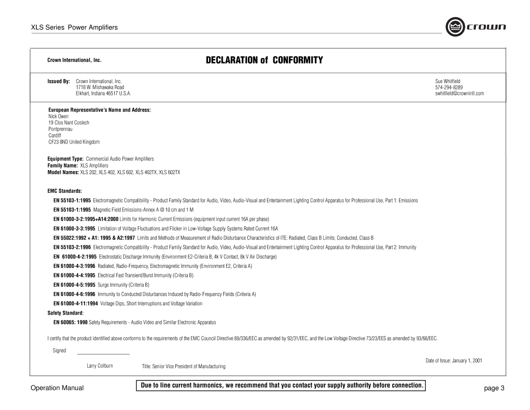 Crown Audio XLS Series Declaration of Conformity, Crown International, Inc, European Representative’s Name and Address 