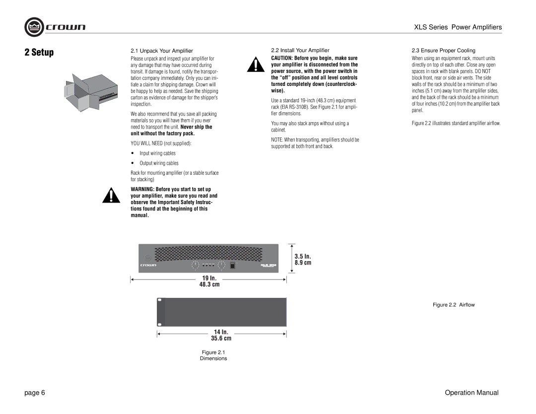 Crown Audio XLS Series operation manual Setup, Unpack Your Amplifier, Install Your Amplifier, Ensure Proper Cooling 