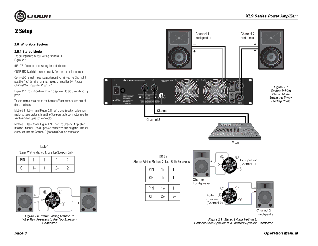 Crown Audio XLS Series operation manual Wire Your System Stereo Mode 