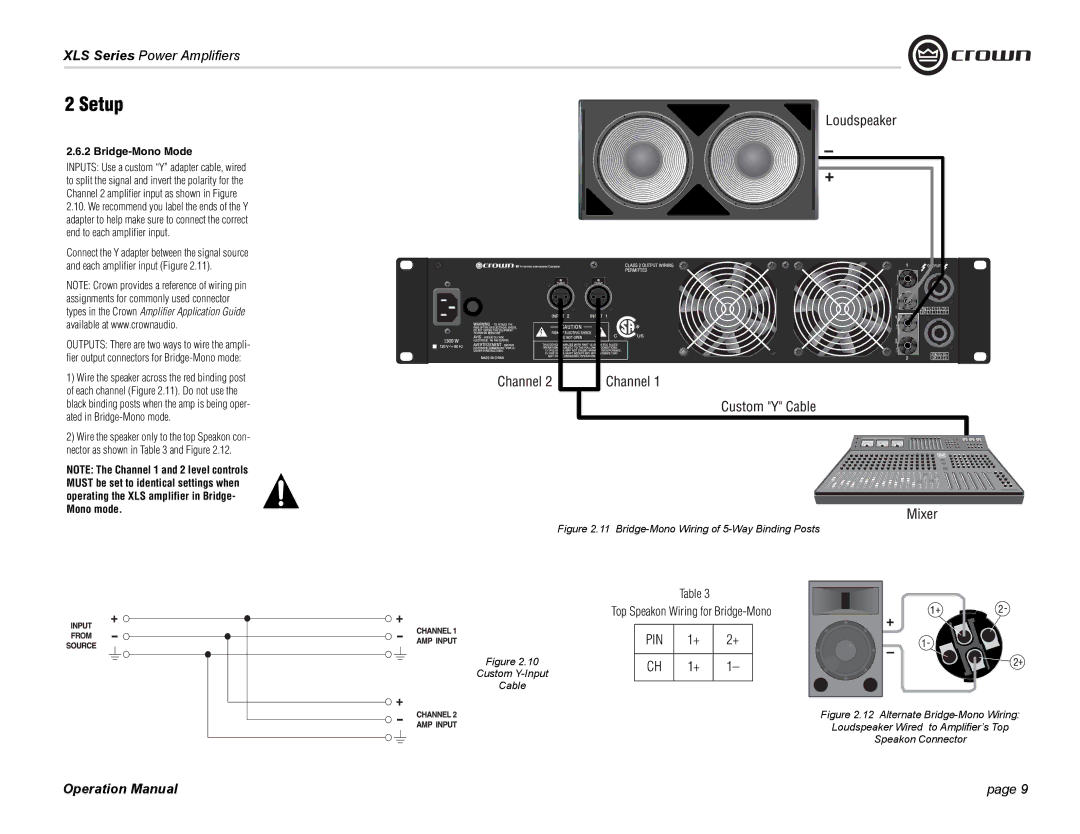 Crown Audio XLS Series operation manual Bridge-Mono Mode, Bridge-Mono Wiring of 5-Way Binding Posts 