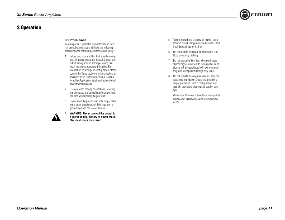 Crown Audio Xs Series operation manual Operation, Precautions 