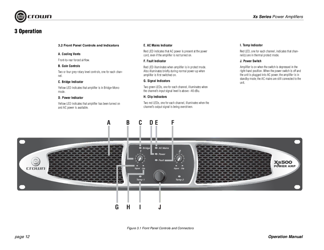 Crown Audio Xs Series Front Panel Controls and Indicators Cooling Vents, Gain Controls, Bridge Indicator, Power Indicator 