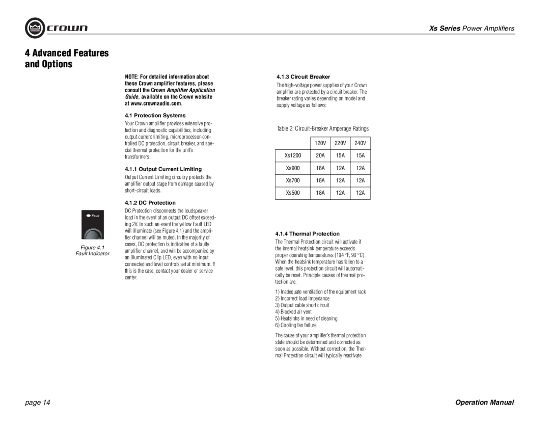 Crown Audio Xs Series Protection Systems, Output Current Limiting, DC Protection, 120V 220V 240V, Thermal Protection 