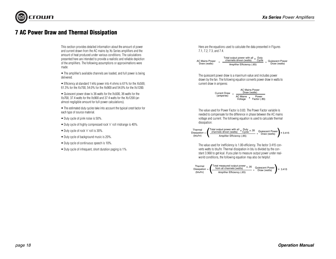 Crown Audio Xs Series operation manual AC Power Draw and Thermal Dissipation 