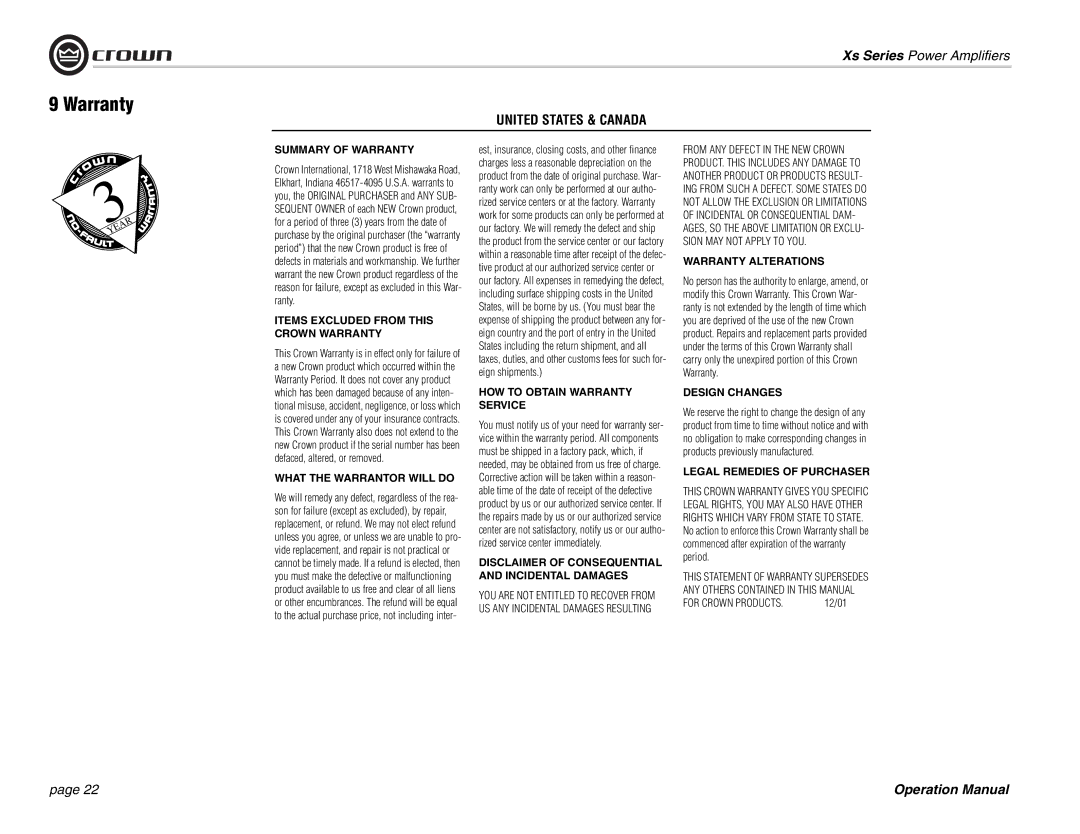 Crown Audio Xs Series operation manual Warranty, 12/01 