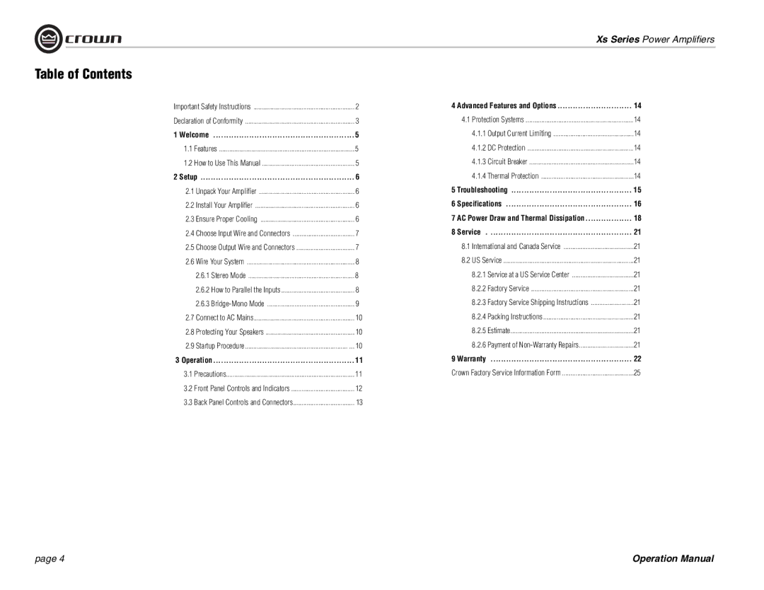 Crown Audio Xs Series operation manual Table of Contents 