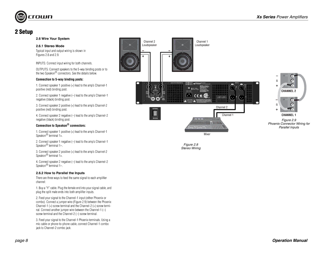 Crown Audio Xs Series Wire Your System Stereo Mode, Typical input and output wiring is shown, How to Parallel the Inputs 