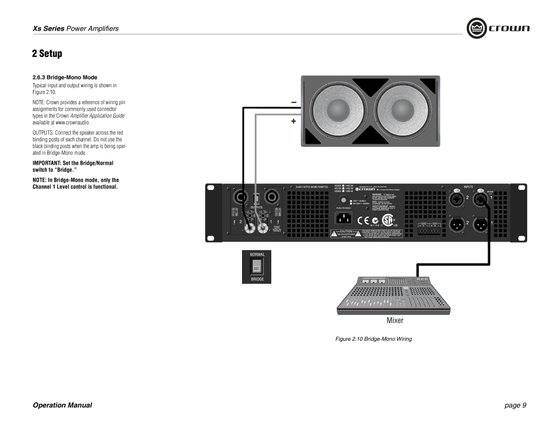 Crown Audio Xs Series operation manual Bridge-Mono Mode, Channel 1 Level control is functional 