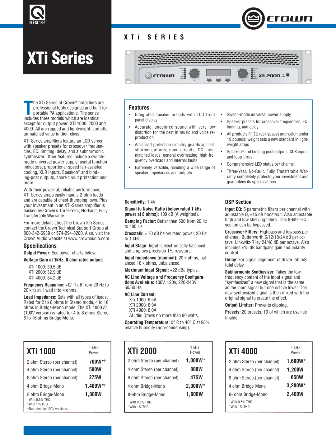 Crown Audio XTi 1000, XTi 2000 specifications Features, Speciﬁcations 