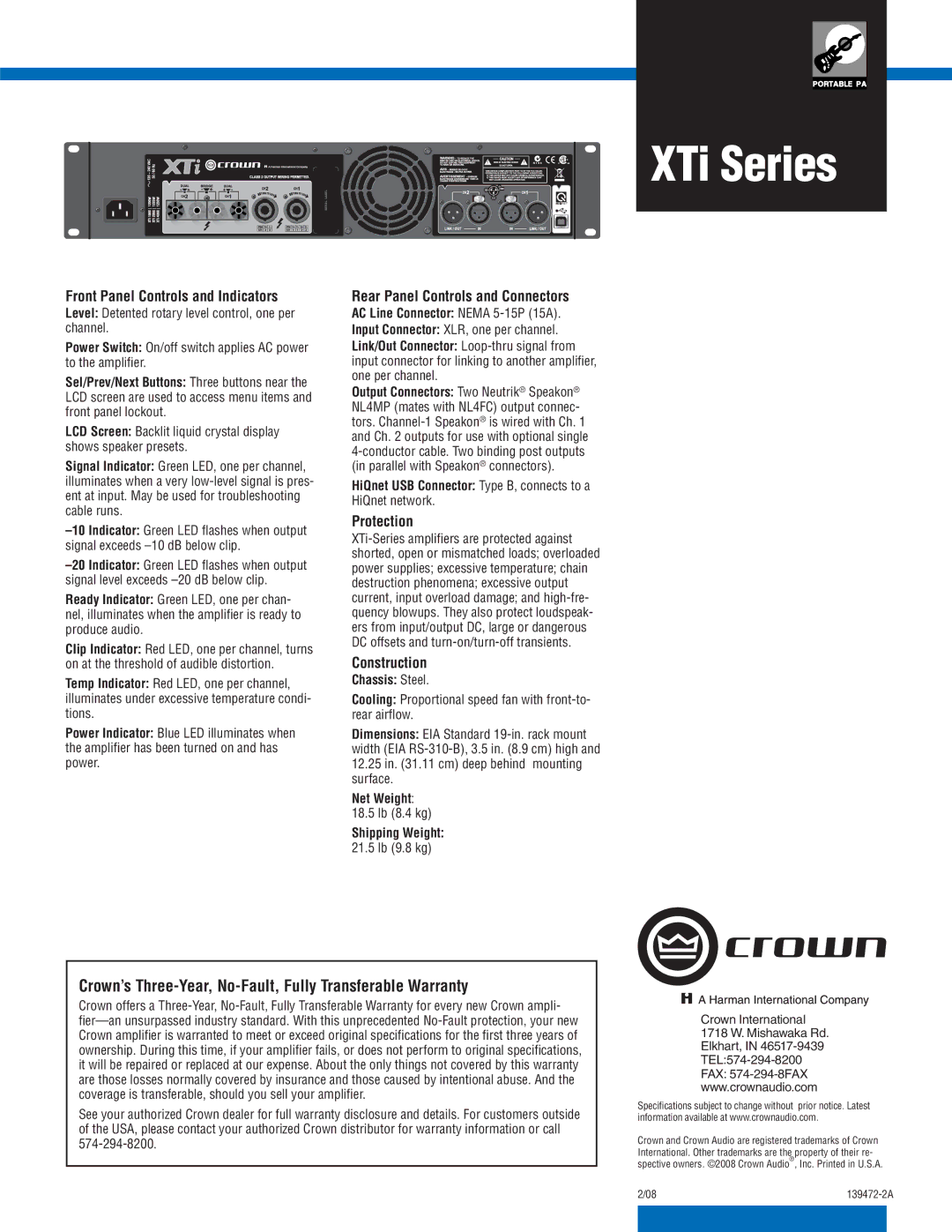 Crown Audio XTi 2000 Crown’s Three-Year, No-Fault, Fully Transferable Warranty, Front Panel Controls and Indicators 