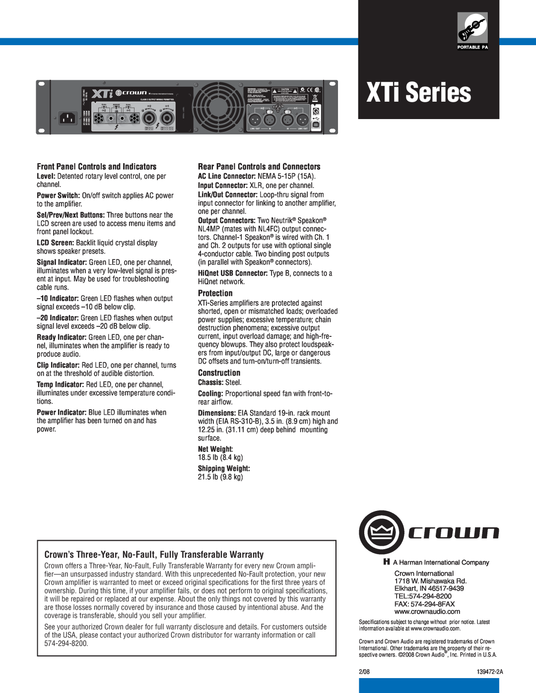 Crown Audio XTi 2000 Front Panel Controls and Indicators, Rear Panel Controls and Connectors, Protection, Construction 