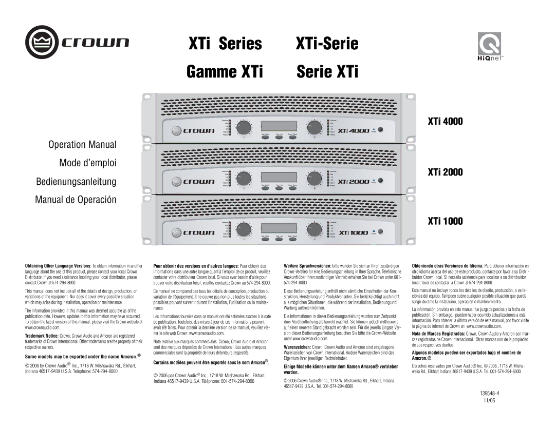 Crown Audio XTi 4000 operation manual XTi Series XTi-Serie Gamme XTi Serie XTi 