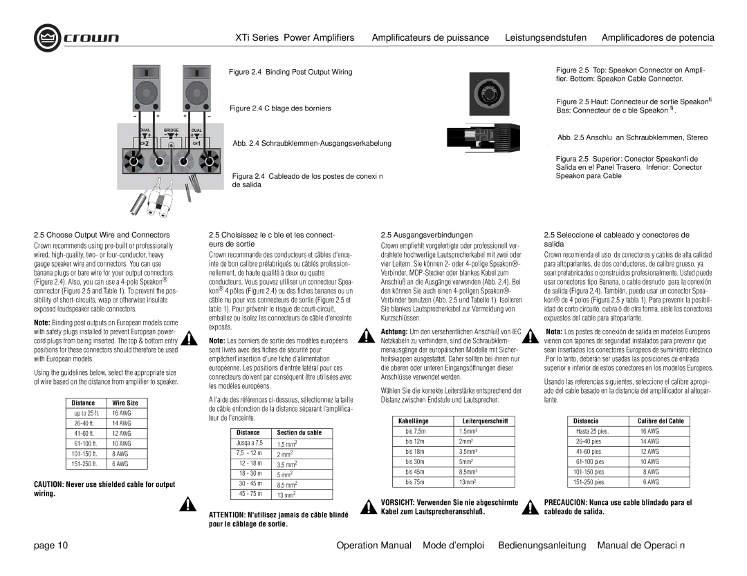 Crown Audio XTi 4000 operation manual Choose Output Wire and Connectors, Choisissez le câble et les connect- eurs de sortie 