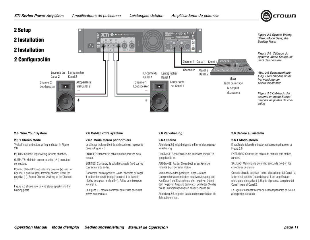 Crown Audio XTi 4000 Wire Your System Stereo Mode, Câblez votre système Mode stéréo par borniers, Verkabelung Stereo 