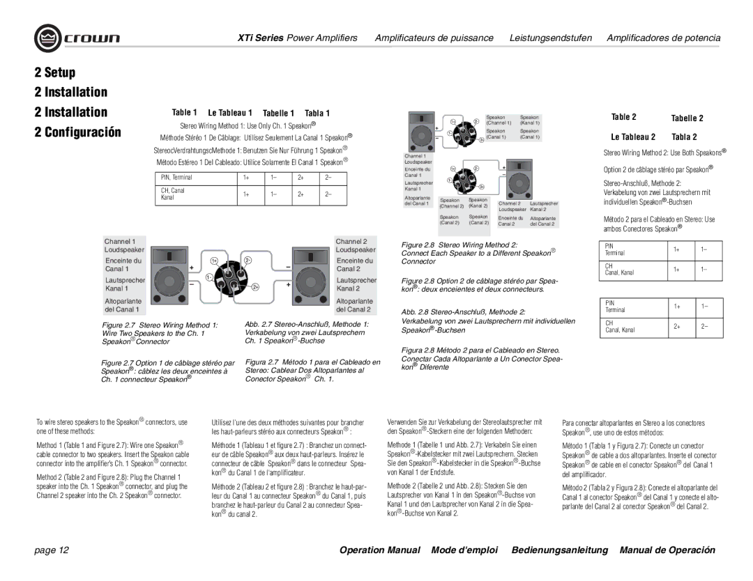 Crown Audio XTi 4000 operation manual Setup Installation, Le Tableau, Option 2 de câblage stéréo par Speakon 