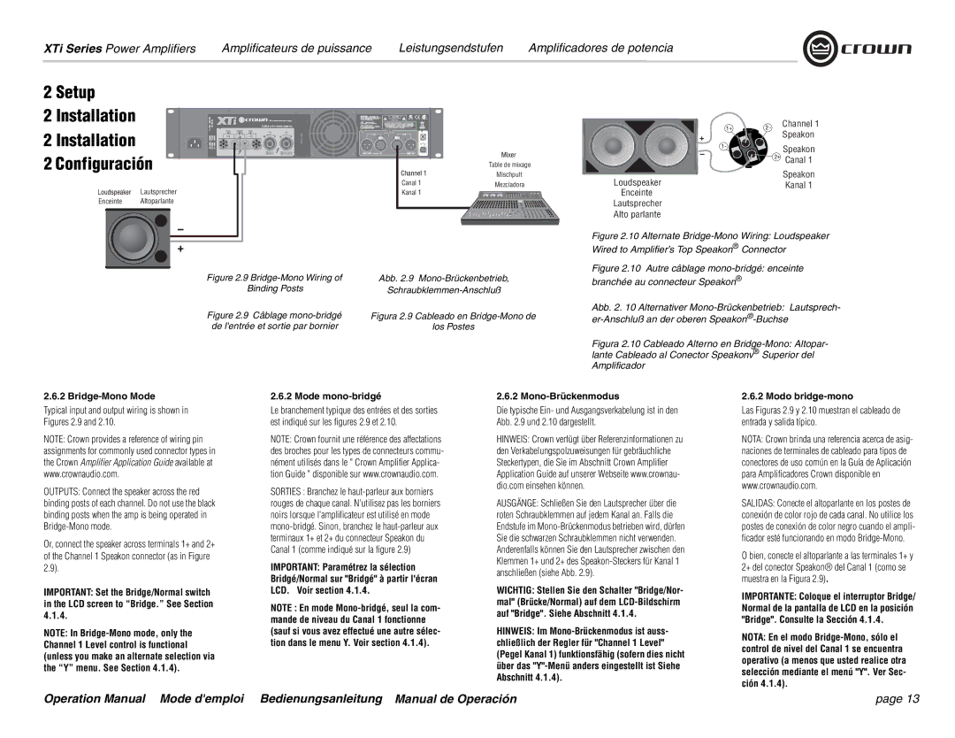 Crown Audio XTi 4000 Setup, Bridge-Mono Mode, Typical input and output wiring is shown in Figures 2.9, Mono-Brückenmodus 