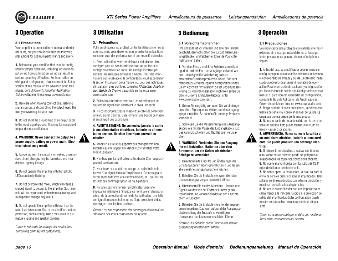 Crown Audio XTi 4000 operation manual Operation, Utilisation, Bedienung, Operación 