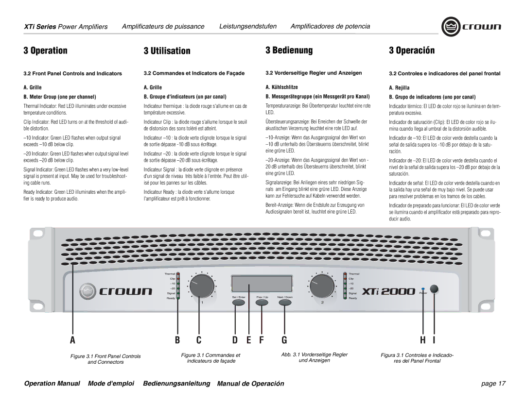 Crown Audio XTi 4000 operation manual Vorderseitige Regler und Anzeigen Kühlschlitze 