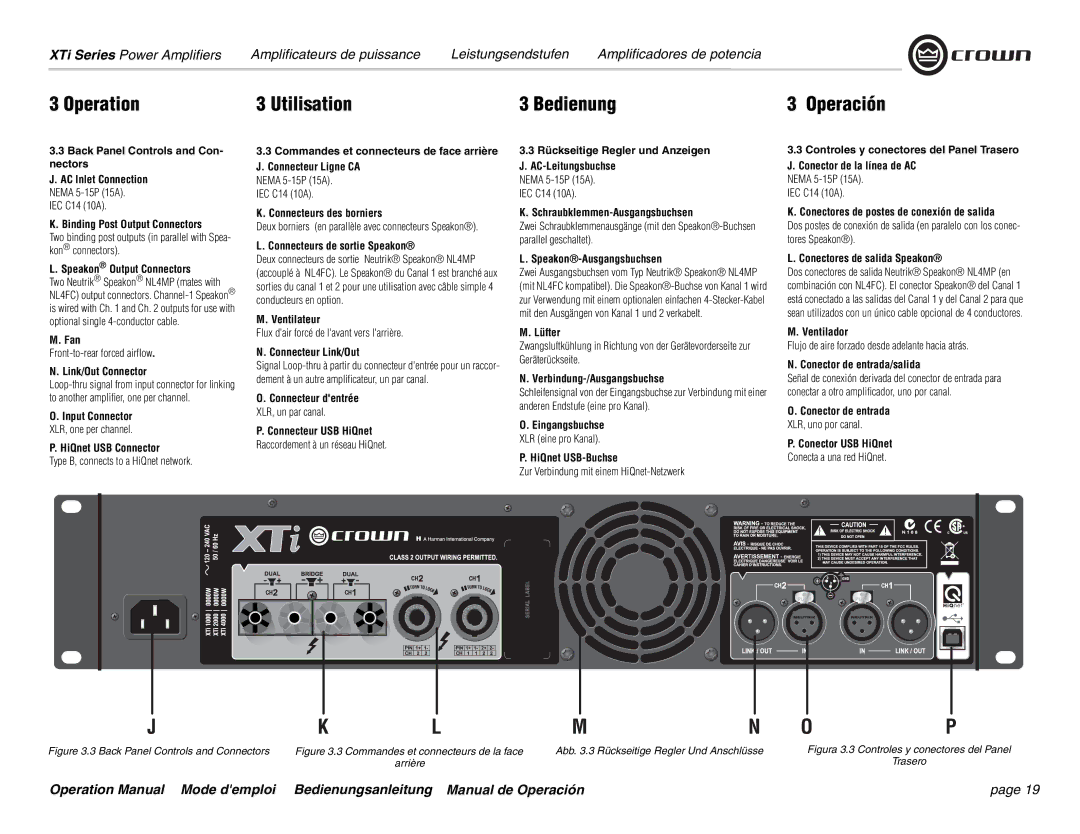 Crown Audio XTi 4000 Back Panel Controls and Con- nectors AC Inlet Connection, Binding Post Output Connectors, Fan, Lüfter 