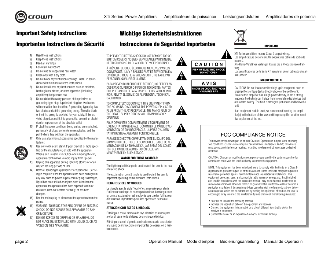 Crown Audio XTi 4000 operation manual Important Safety Instructions, FCC Compliance Notice 