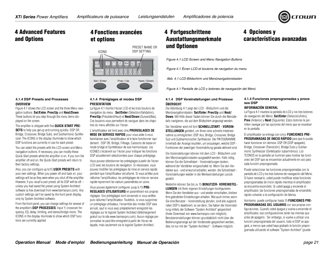 Crown Audio XTi 4000 operation manual Advanced Features Fonctions avancées Options Et options, Und Optionen 