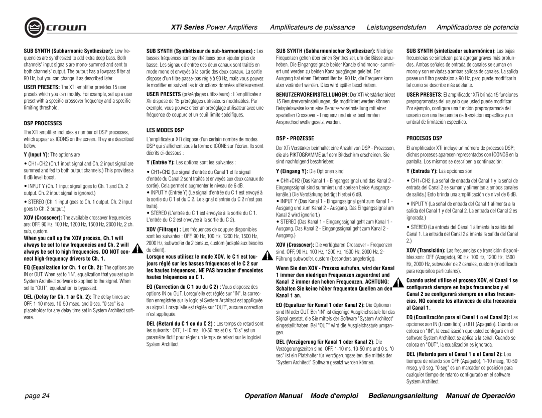 Crown Audio XTi 4000 operation manual DSP Processes, LES Modes DSP, DSP Prozesse, Procesos DSP 