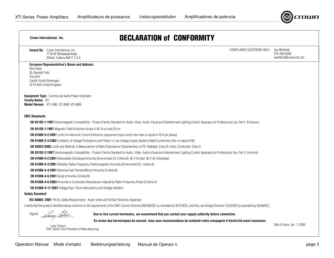 Crown Audio XTi 4000 Crown International, Inc, European Representatives Name and Address, Family Name XTi, EMC Standards 