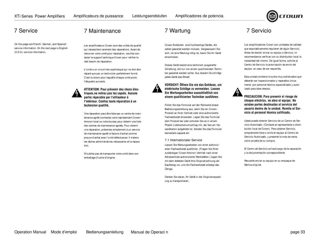 Crown Audio XTi 4000 operation manual Maintenance, Wartung, Servicio, Internationaler Service 