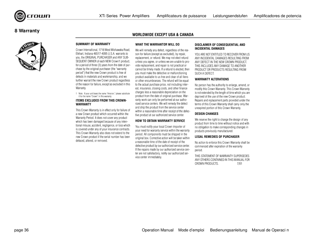 Crown Audio XTi 4000 operation manual Worldwide Except USA & Canada, Items Excluded from this CROWN- Warranty 