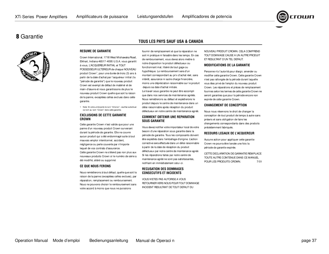 Crown Audio XTi 4000 operation manual Garantie, Tous LES Pays Sauf USA & Canada 