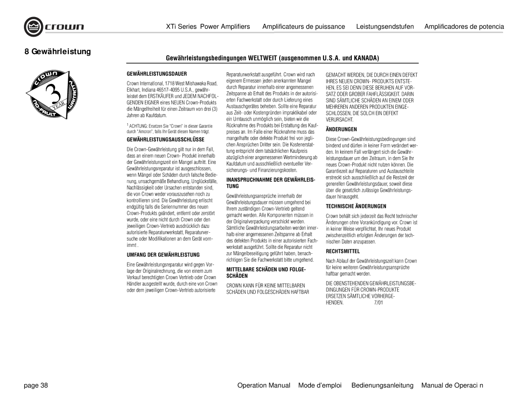 Crown Audio XTi 4000 operation manual Gewährleistung 