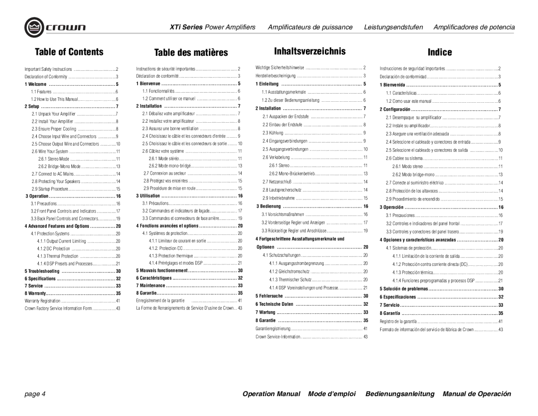 Crown Audio XTi 4000 operation manual Table des matières InhaltsverzeichnisIndice, Setup 