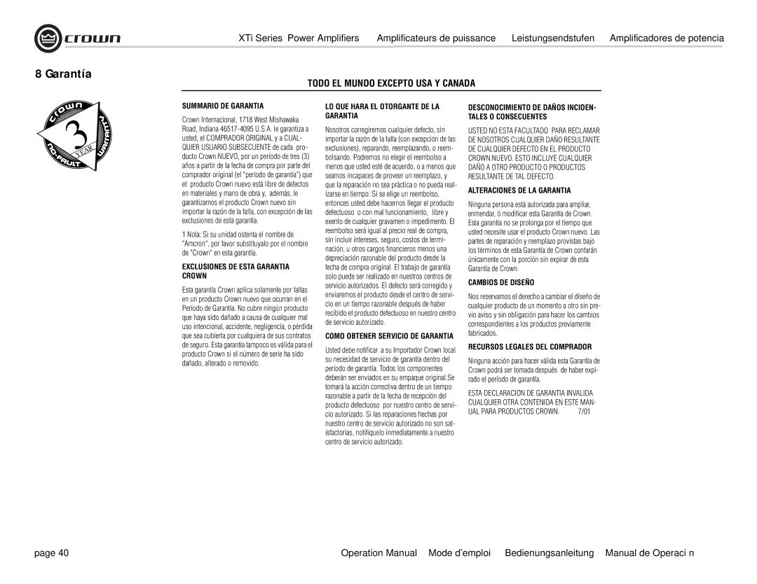 Crown Audio XTi 4000 operation manual Todo EL Mundo Excepto USA Y Canada, Summario DE Garantia, Alteraciones DE LA Garantia 