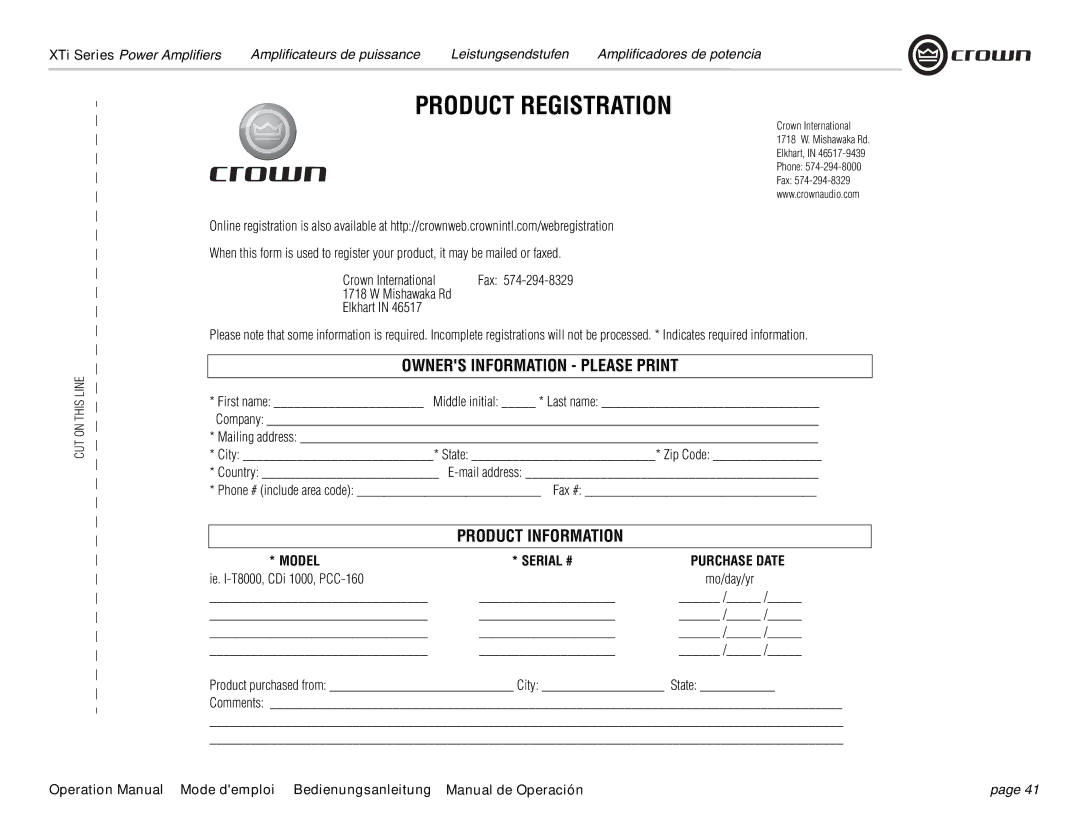 Crown Audio XTi 4000 Owners Information Please Print, Product Information, Model Serial # Purchase Date, Fax 