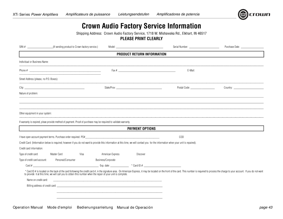 Crown Audio XTi 4000 Please Print Clearly, Payment Options, Model, Individual or Business Name Phone # Fax # 