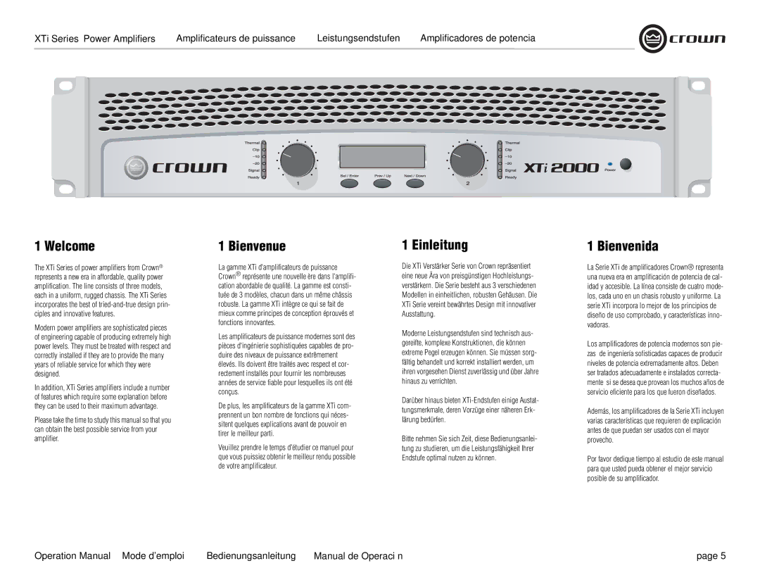 Crown Audio XTi 4000 operation manual Welcome, Bienvenue, Einleitung, Bienvenida 