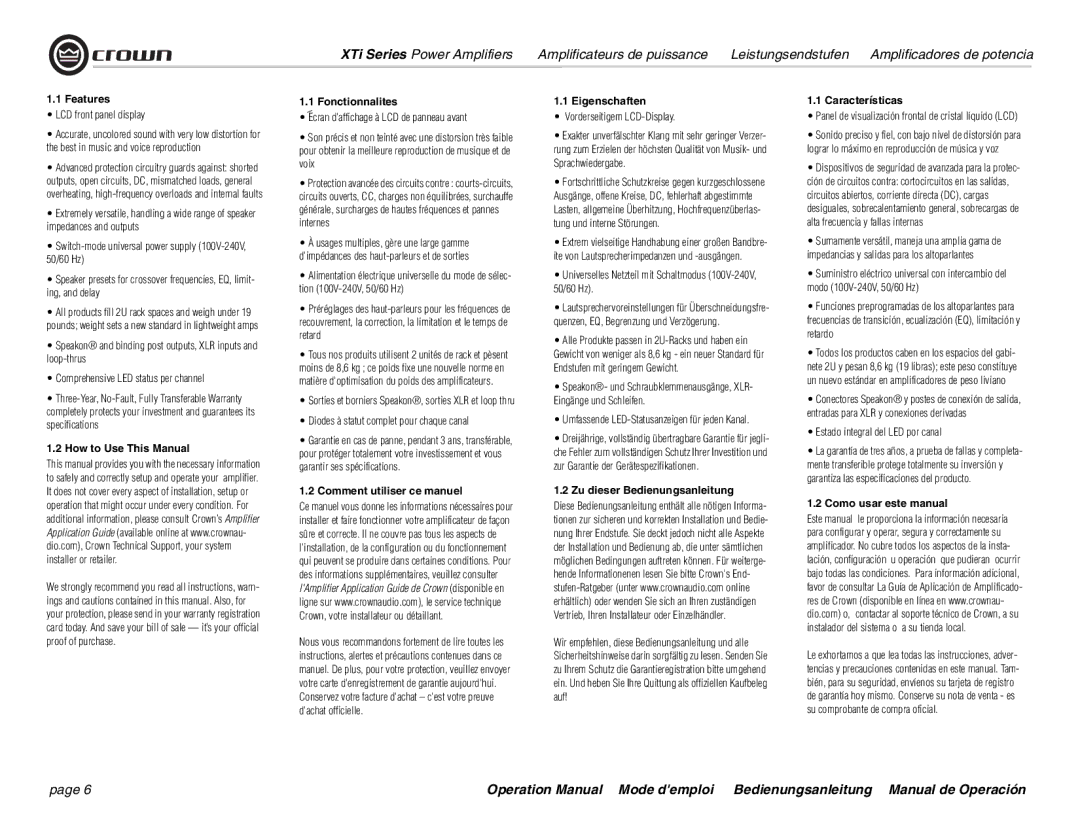 Crown Audio XTi 4000 Features, How to Use This Manual, Fonctionnalites, Comment utiliser ce manuel, Eigenschaften 