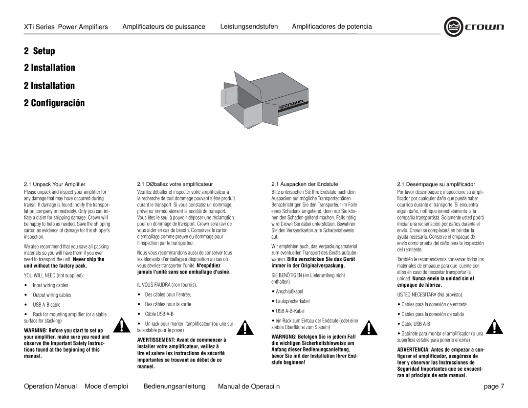 Crown Audio XTi 4000 operation manual Setup Installation Configuración, Unpack Your Amplifier, Déballez votre amplificateur 